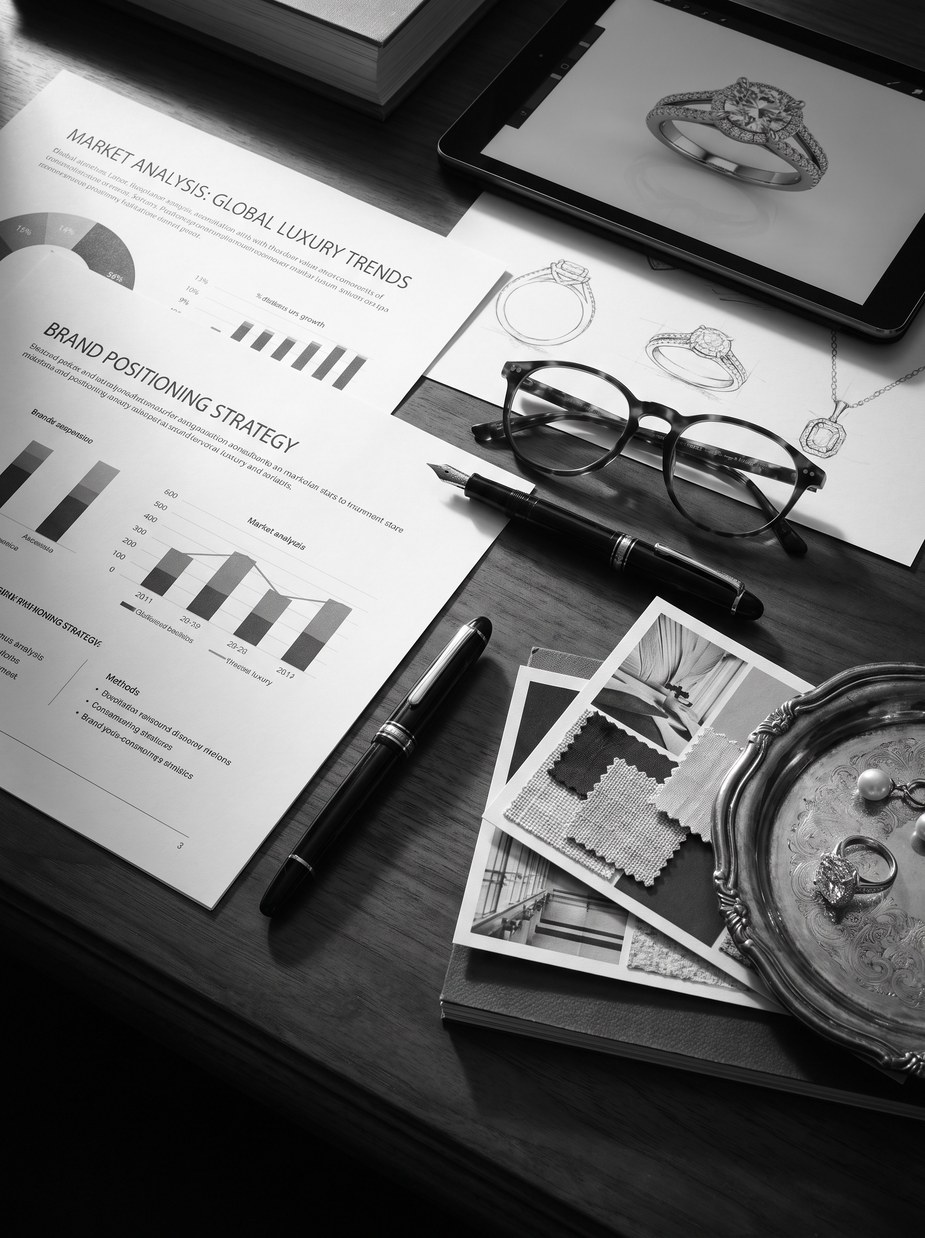 Scrivania di consulenza: analisi di mercato, render e schizzi di gioielli