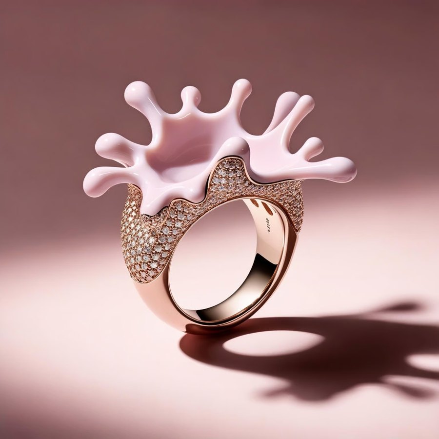 Anello scultoreo con dettaglio bianco fluido — concept di gioielleria