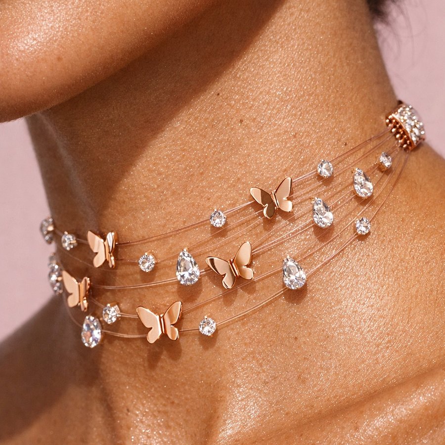 Chocker di farfalle in oro rosa e diamanti, indossato — scatto editoriale