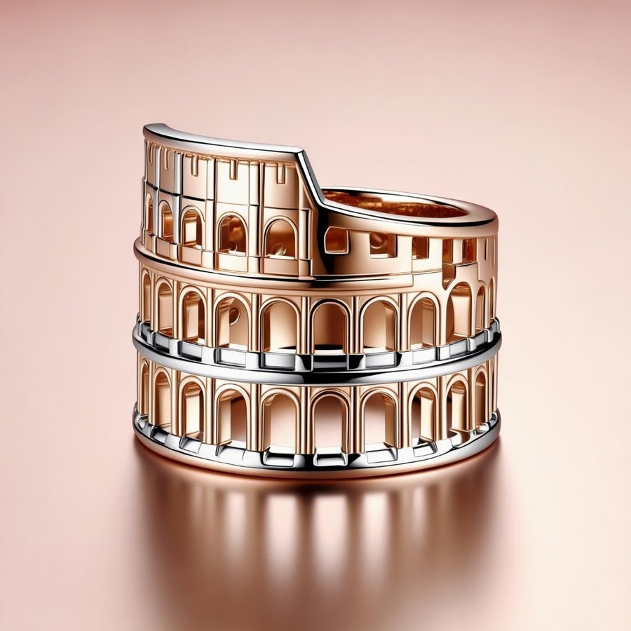 Anello architettonico ispirato al Colosseo in oro rosa
