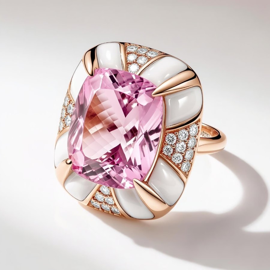 Anello con kunzite rosa e intarsi di madreperla