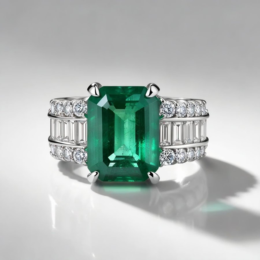 Anello con smeraldo a taglio smeraldo e diamanti