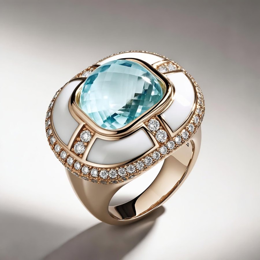 Anello con acquamarina e madreperla