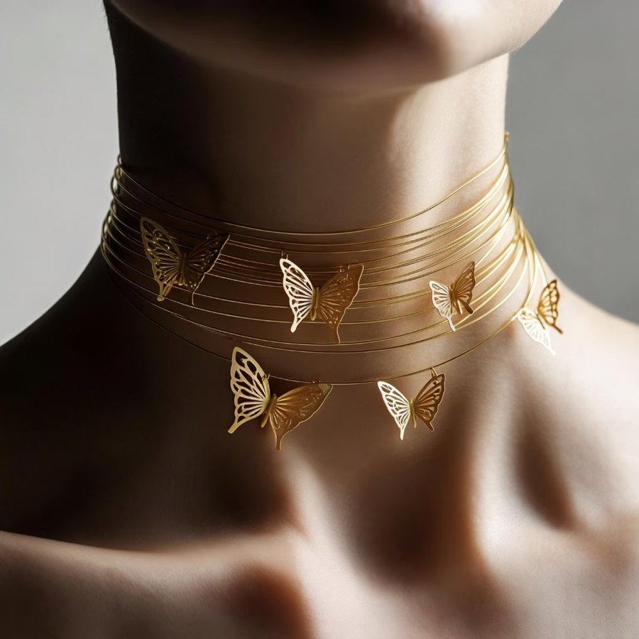 Chocker gioiello con motivo ad ali, indossato — scatto editoriale